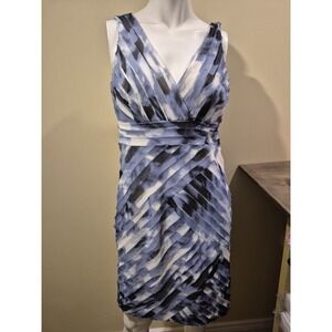 Ann Taylor Blue White Raw Edge Diagonal Pleated Sheath Dress Size‎ 4 Petite EUC